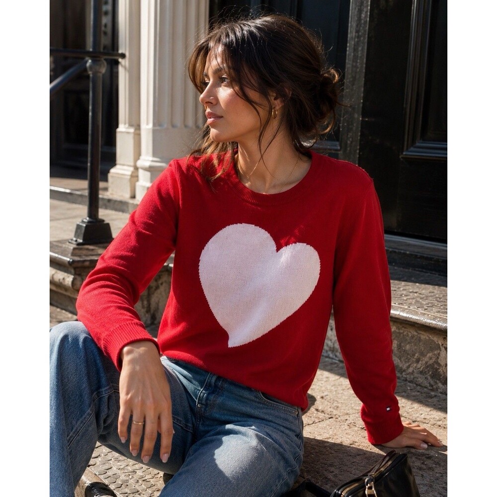 Tommy Hilfiger Heart Sweater Red White Cotton Knit Crew Neck Women’s M/L